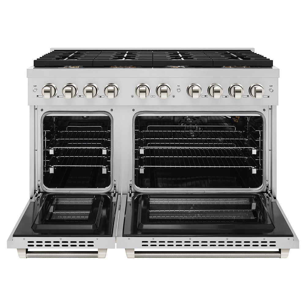 ZLINE Autograph Edition 48 in. 6.7 cu. ft. Paramount Double Oven Gas Range with 8 Burner Cooktop in Stainless Steel and Polished Nickel Helix Handles and Knob Accents (SGRZ-48-KPN)