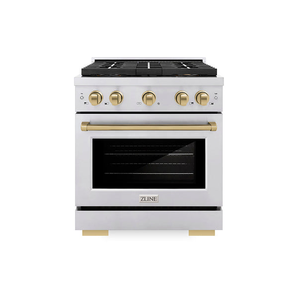 ZLINE Autograph Edition 30 in. 4.2 cu. ft. Paramount Gas Range with 4 Burner DuoPro™ Cooktop and Convection Gas Oven in Stainless Steel with Champagne Bronze Accents (PSGRZ-30-CB)