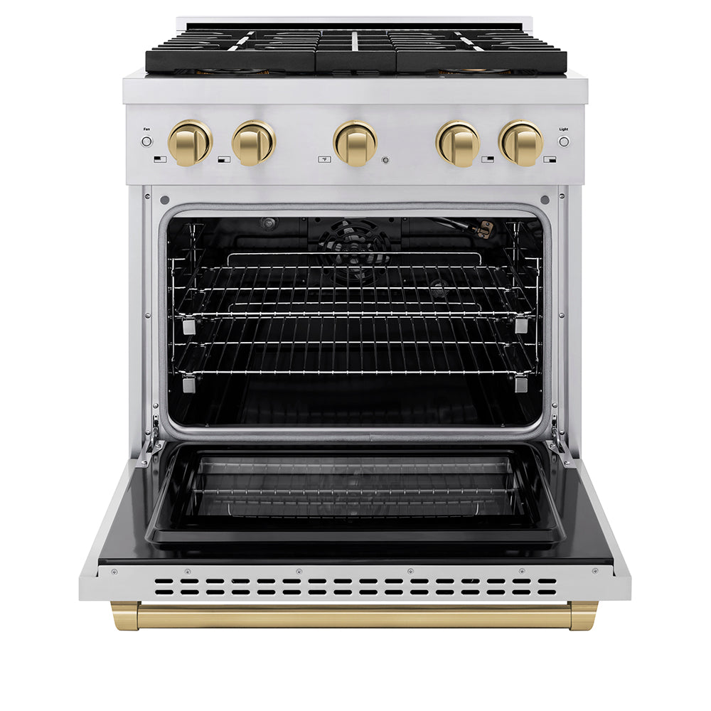 ZLINE Autograph Edition 30 in. 4.2 cu. ft. Paramount Gas Range with 4 Burner DuoPro™ Cooktop and Convection Gas Oven in Stainless Steel with Champagne Bronze Accents (PSGRZ-30-CB)