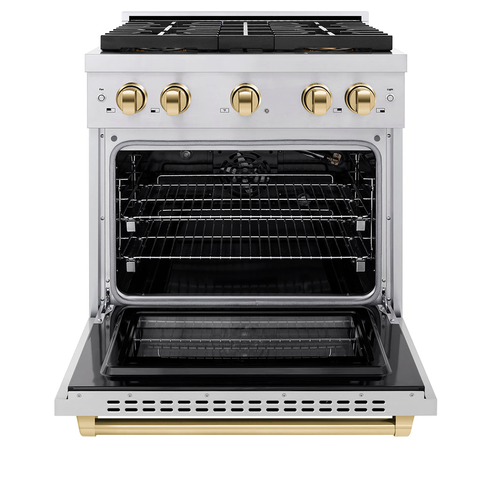 ZLINE Autograph Edition 30 in. 4.2 cu. ft. Paramount Gas Range with 4 Burner DuoPro™ Cooktop and Convection Gas Oven in Stainless Steel with Polished Gold Accents (PSGRZ-30-G)