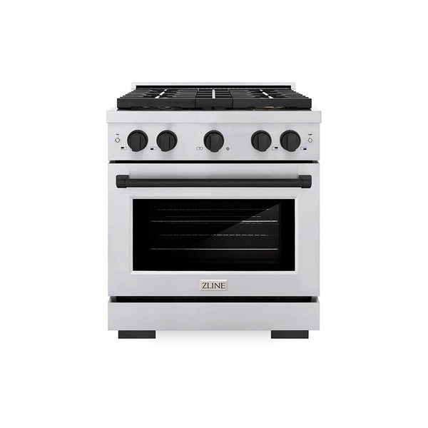 ZLINE Autograph Edition 30 in. 4.2 cu. ft. Paramount Gas Range with 4 Burner DuoPro™ Cooktop and Convection Gas Oven in Stainless Steel with Matte Black Accents (PSGRZ-30-MB)