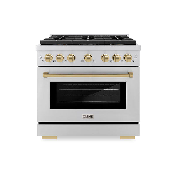 ZLINE Autograph Edition 36 in. 5.2 cu. ft. Paramount Gas Range with 6 Burner DuoPro™ Cooktop and Convection Gas Oven in Stainless Steel and Champagne Bronze Accents (PSGRZ-36-CB)
