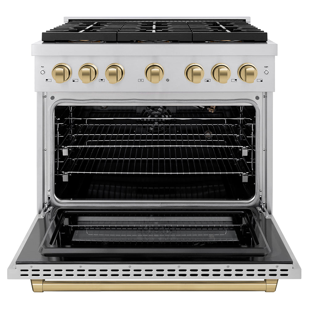 ZLINE Autograph Edition 36 in. 5.2 cu. ft. Paramount Gas Range with 6 Burner DuoPro™ Cooktop and Convection Gas Oven in Stainless Steel and Champagne Bronze Accents (PSGRZ-36-CB)