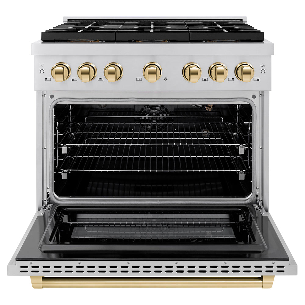ZLINE Autograph Edition 36 in. 5.2 cu. ft. Paramount Gas Range with 6 Burner DuoPro™ Cooktop and Convection Gas Oven in Stainless Steel and Polished Gold Accents (PSGRZ-36-G)