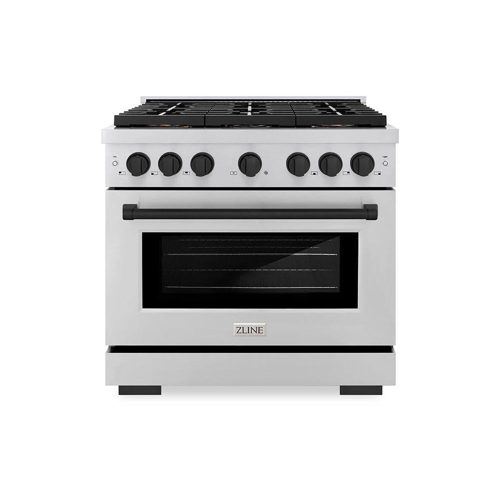 ZLINE Autograph Edition 36 in. 5.2 cu. ft. Paramount Gas Range with 6 Burner DuoPro™ Cooktop and Convection Gas Oven in Stainless Steel and Matte Black Accents (PSGRZ-36-MB)