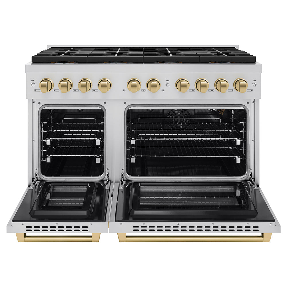 ZLINE Autograph Edition 48 in. 6.7 cu. ft. Paramount Gas Range with 8 Burner DuoPro™ Cooktop and Dual Ovens in Stainless Steel and Champagne Bronze Accents (PSGRZ-48-CB)