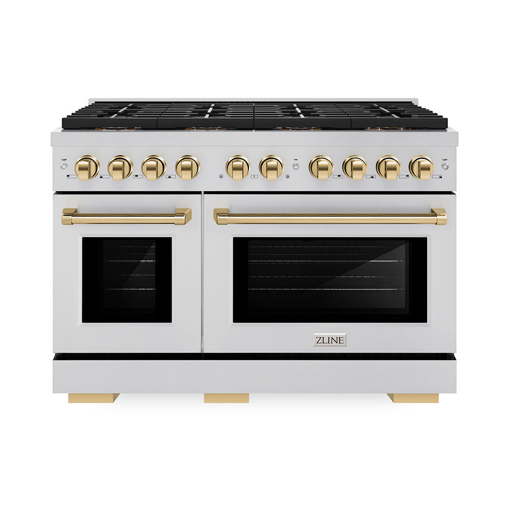 ZLINE Autograph Edition 48 in. 6.7 cu. ft. Paramount Gas Range with 8 Burner DuoPro™ Cooktop and Dual Ovens in Stainless Steel and Polished Gold Accents (PSGRZ-48-G)