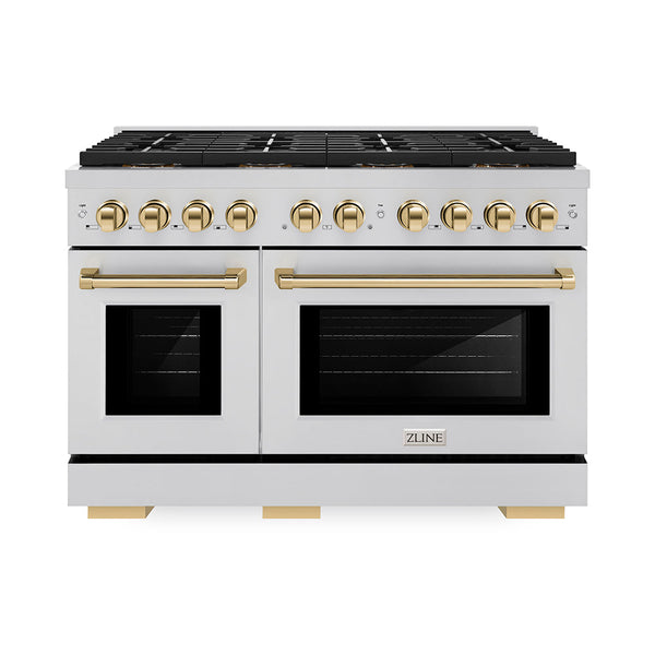 ZLINE Autograph Edition 48 in. 6.7 cu. ft. Paramount Gas Range with 8 Burner DuoPro™ Cooktop and Dual Ovens in Stainless Steel and Polished Gold Accents (PSGRZ-48-G)