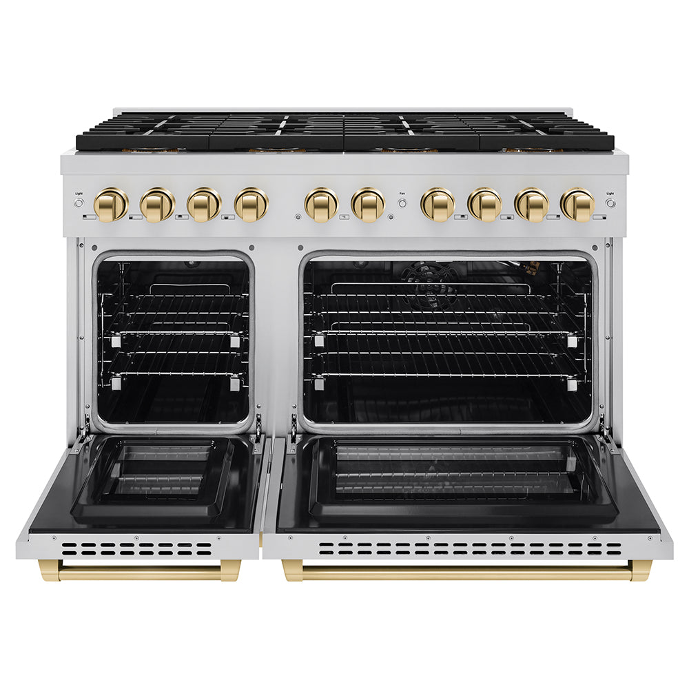 ZLINE Autograph Edition 48 in. 6.7 cu. ft. Paramount Gas Range with 8 Burner DuoPro™ Cooktop and Dual Ovens in Stainless Steel and Polished Gold Accents (PSGRZ-48-G)