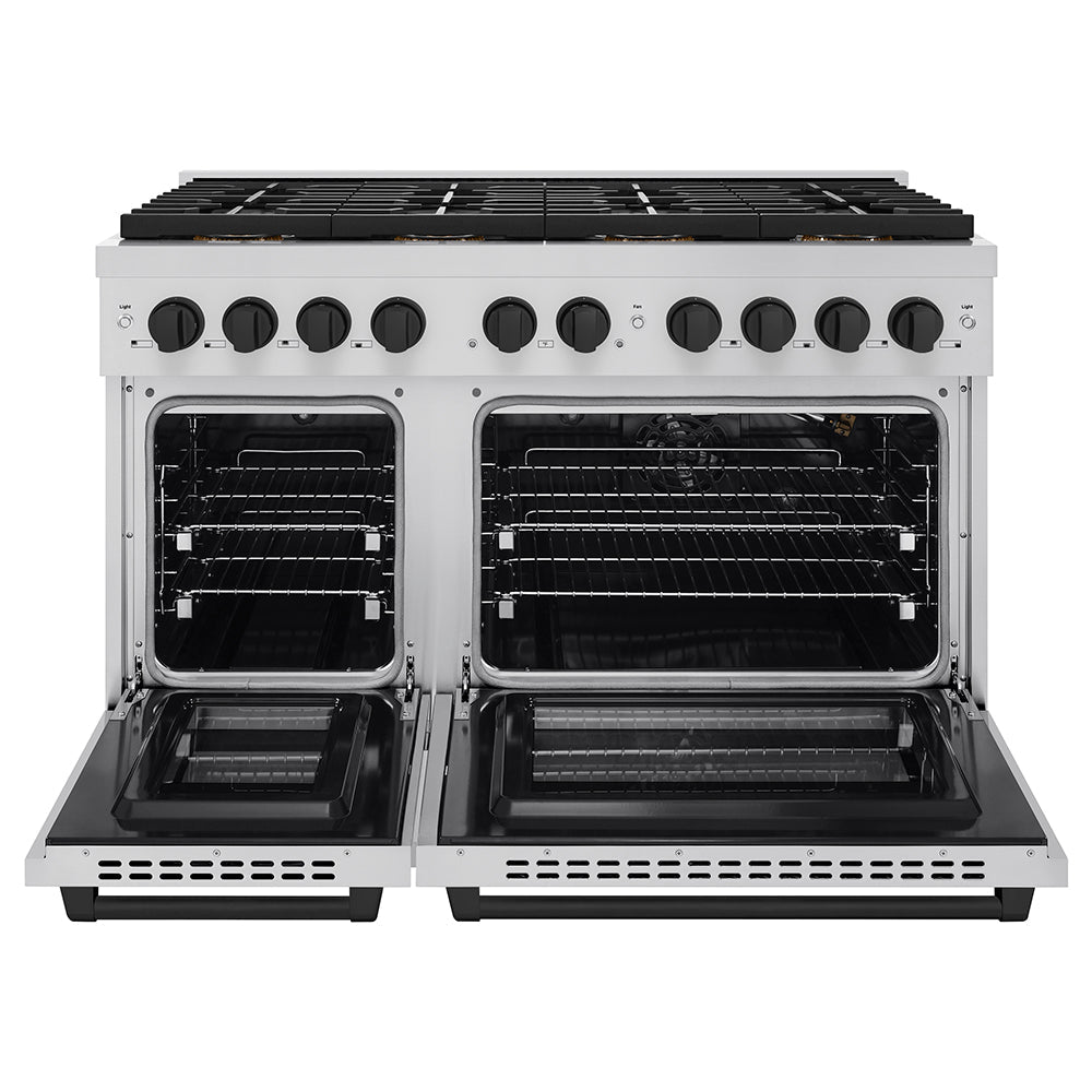ZLINE Autograph Edition 48 in. 6.7 cu. ft. Paramount Gas Range with 8 Burner DuoPro™ Cooktop and Dual Ovens in Stainless Steel and Matte Black Accents (PSGRZ-48-MB)
