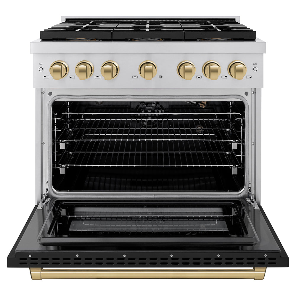 ZLINE Autograph Edition 36 in. 5.2 cu. ft. Paramount Gas Range with 6 Burner DuoPro™ Cooktop and Convection Gas Oven with Black Matte Door and Champagne Bronze Accents (PSGRZ-BLM-36-CB)