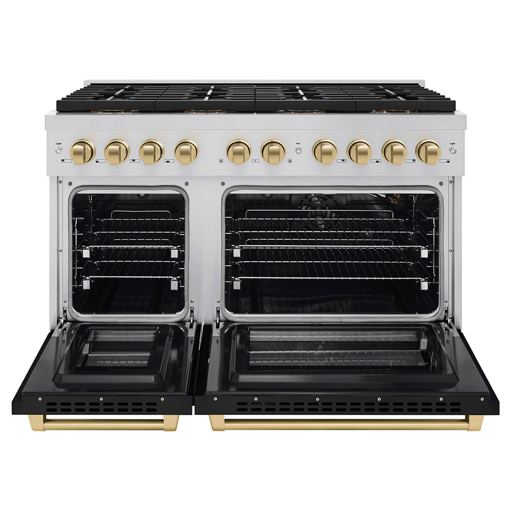 ZLINE Autograph Edition 48 in. 6.7 cu. ft. Paramount Gas Range with 8 Burner DuoPro™ Cooktop and Dual Ovens with Black Matte Doors and Champagne Bronze Accents (PSGRZ-BLM-48-CB)