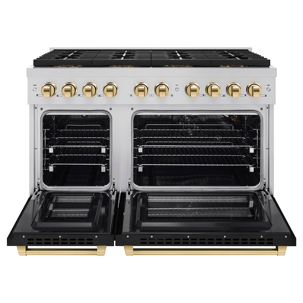 ZLINE Autograph Edition 48 in. 6.7 cu. ft. Paramount Gas Range with 8 Burner DuoPro™ Cooktop and Dual Ovens with Black Matte Doors and Polished Gold Accents (PSGRZ-BLM-48-G)