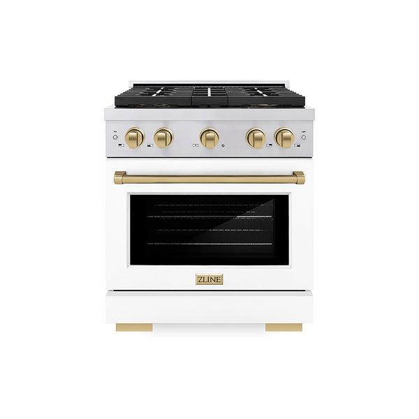 ZLINE Autograph Edition 30 in. 4.2 cu. ft. Paramount Gas Range with 4 Burner DuoPro™ Cooktop and Convection Gas Oven in Stainless Steel with White Matte Door and Champagne Bronze Accents (PSGRZ-WM-30-CB)