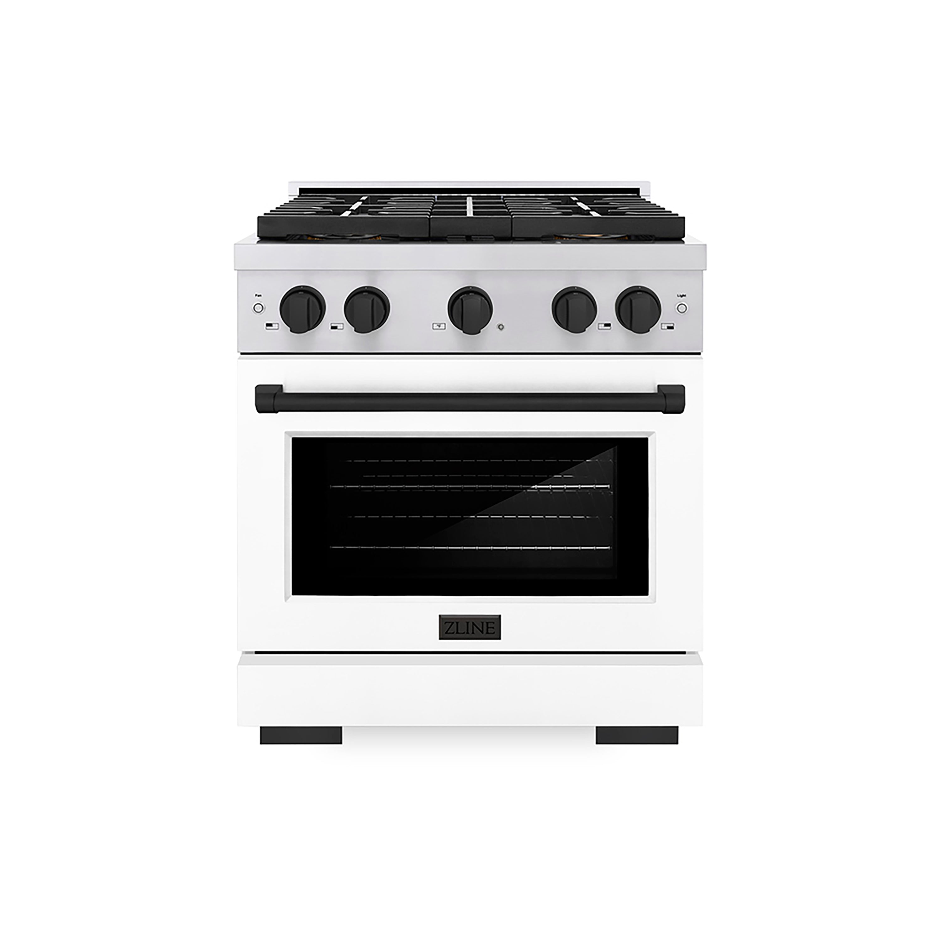 ZLINE Autograph Edition 30 in. 4.2 cu. ft. Paramount Gas Range with 4 Burner DuoPro™ Cooktop and Convection Gas Oven in Stainless Steel with White Matte Door and Matte Black Accents (PSGRZ-WM-30-MB)