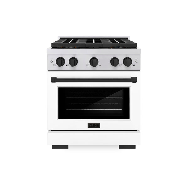 ZLINE Autograph Edition 30 in. 4.2 cu. ft. Paramount Gas Range with 4 Burner DuoPro™ Cooktop and Convection Gas Oven in Stainless Steel with White Matte Door and Matte Black Accents (PSGRZ-WM-30-MB)