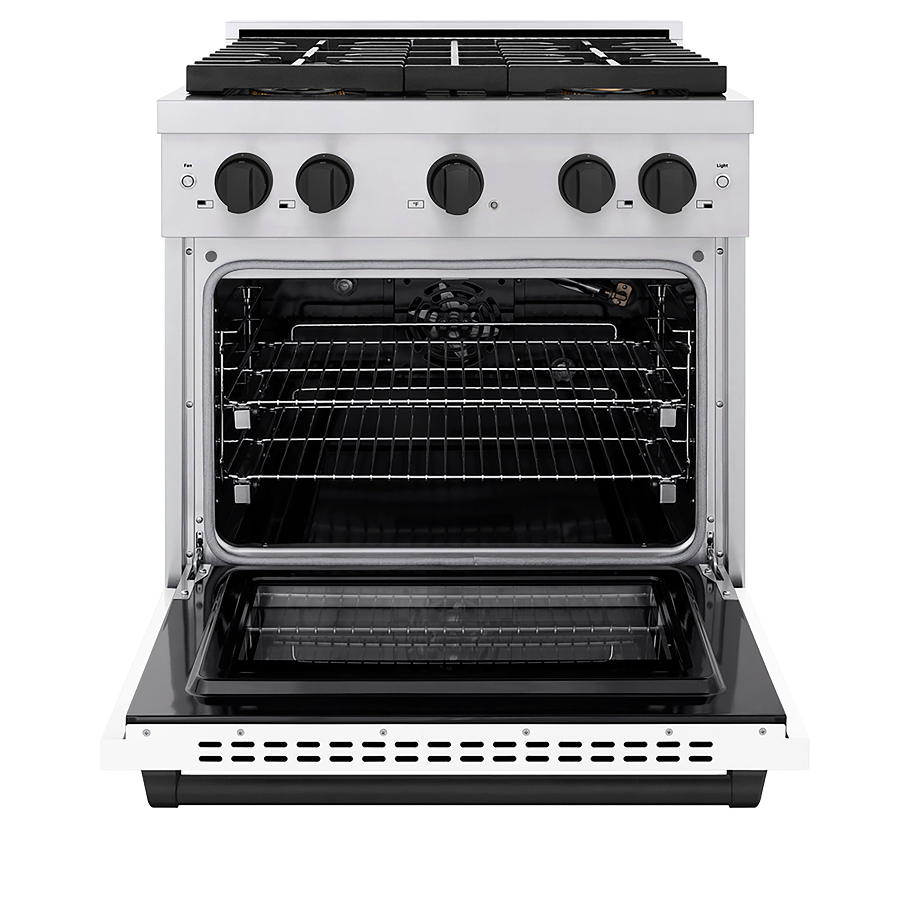 ZLINE Autograph Edition 30 in. 4.2 cu. ft. Paramount Gas Range with 4 Burner DuoPro™ Cooktop and Convection Gas Oven in Stainless Steel with White Matte Door and Matte Black Accents (PSGRZ-WM-30-MB)