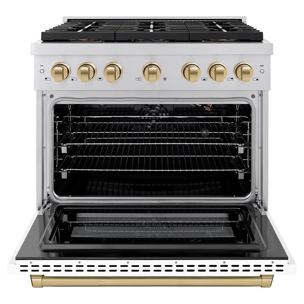 ZLINE Autograph Edition 36 in. 5.2 cu. ft. Paramount Gas Range with 6 Burner DuoPro™ Cooktop and Convection Gas Oven with White Matte Door and Champagne Bronze Accents (PSGRZ-WM-36-CB)