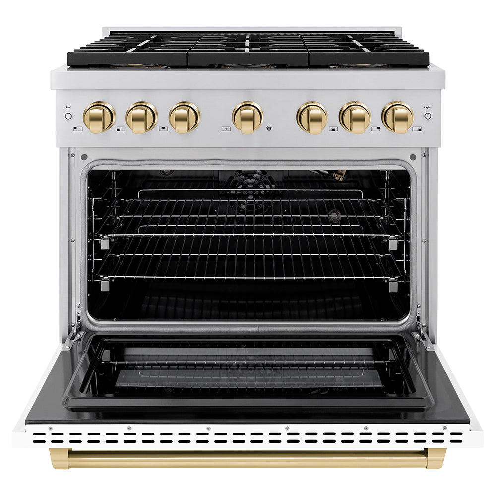 ZLINE Autograph Edition 36 in. 5.2 cu. ft. Paramount Gas Range with 6 Burner DuoPro™ Cooktop and Convection Gas Oven with White Matte Door and Polished Gold Accents (PSGRZ-WM-36-G)