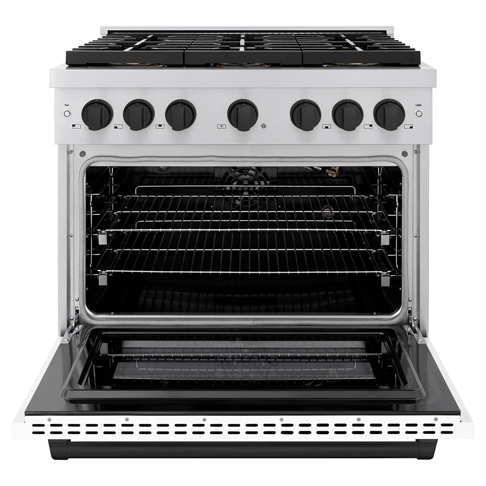 ZLINE Autograph Edition 36 in. 5.2 cu. ft. Paramount Gas Range with 6 Burner DuoPro™ Cooktop and Convection Gas Oven with White Matte Door and Matte Black Accents (PSGRZ-WM-36-MB)