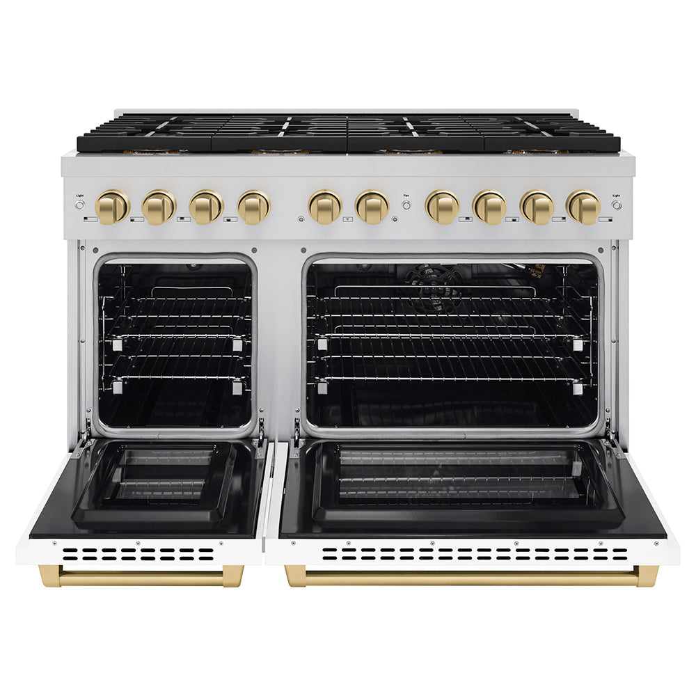 ZLINE Autograph Edition 48 in. 6.7 cu. ft. Paramount Gas Range with 8 Burner DuoPro™ Cooktop and Dual Ovens with White Matte Doors and Champagne Bronze Accents (PSGRZ-WM-48-CB)