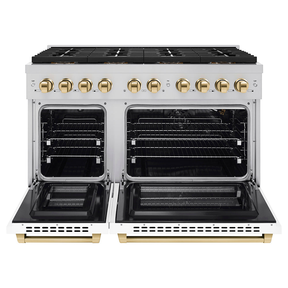 ZLINE Autograph Edition 48 in. 6.7 cu. ft. Paramount Gas Range with 8 Burner DuoPro™ Cooktop and Dual Ovens with White Matte Doors and Polished Gold Accents (PSGRZ-WM-48-G)