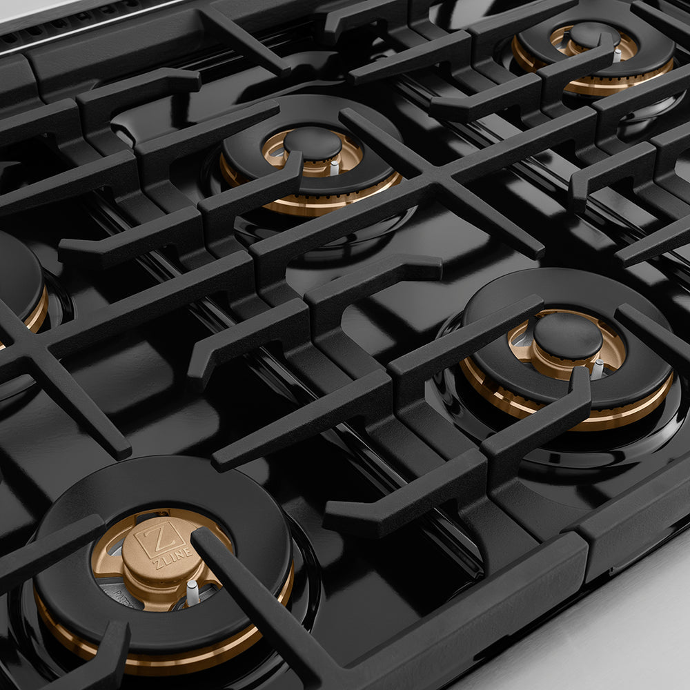 ZLINE Autograph Edition 36 in. 5.2 cu. ft. Paramount Gas Range with 6 Burner DuoPro™ Cooktop and Convection Gas Oven in Stainless Steel with Champagne Bronze Helix Handle and Accents (PSGRZ-36-KCB)