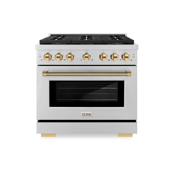 ZLINE Autograph Edition 36 in. 5.2 cu. ft. Paramount Gas Range with 6 Burner DuoPro™ Cooktop and Convection Gas Oven in Stainless Steel with Polished Gold Helix Handle and Accents (PSGRZ-36-KG)