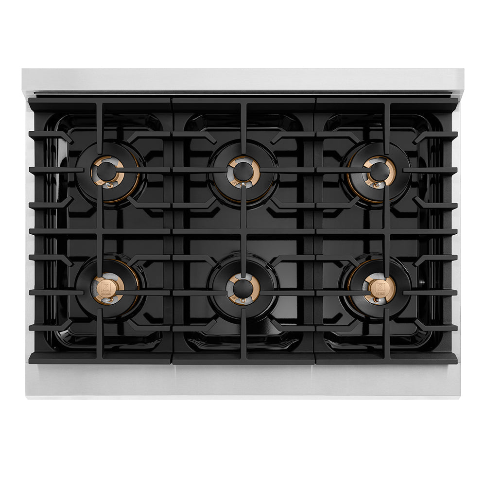 ZLINE Autograph Edition 36 in. 5.2 cu. ft. Paramount Gas Range with 6 Burner DuoPro™ Cooktop and Convection Gas Oven in Stainless Steel with Champagne Bronze Helix Handle and Accents (PSGRZ-36-KCB)