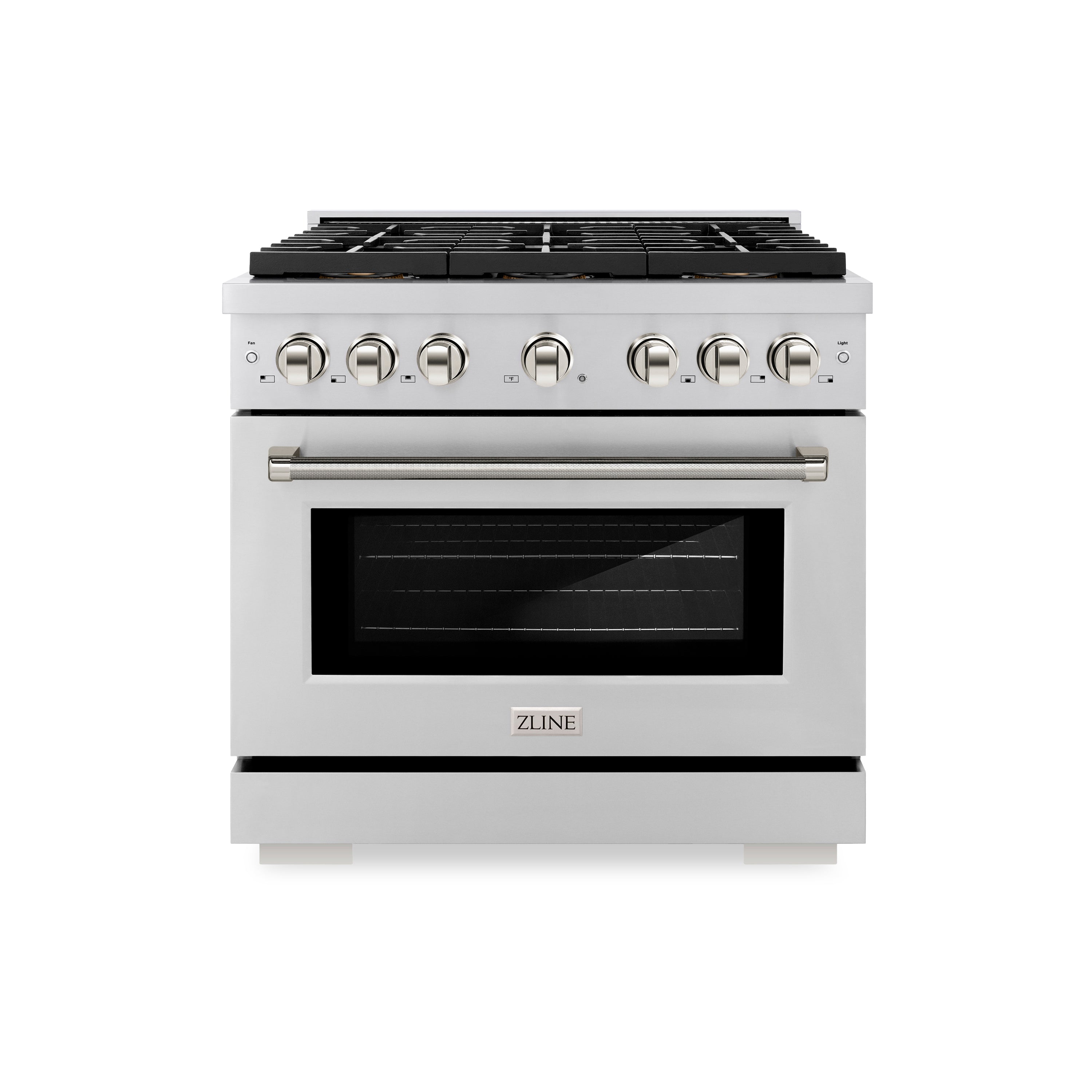 ZLINE Autograph Edition 36 in. 5.2 cu. ft. Paramount Gas Range with 6 Burner DuoPro™ Cooktop and Convection Gas Oven in Stainless Steel with Polished Nickel Helix Handle and Accents (PSGRZ-36-KPN)