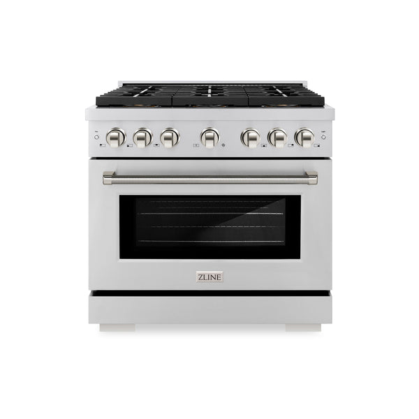 ZLINE Autograph Edition 36 in. 5.2 cu. ft. Paramount Gas Range with 6 Burner DuoPro™ Cooktop and Convection Gas Oven in Stainless Steel with Polished Nickel Helix Handle and Accents (PSGRZ-36-KPN)