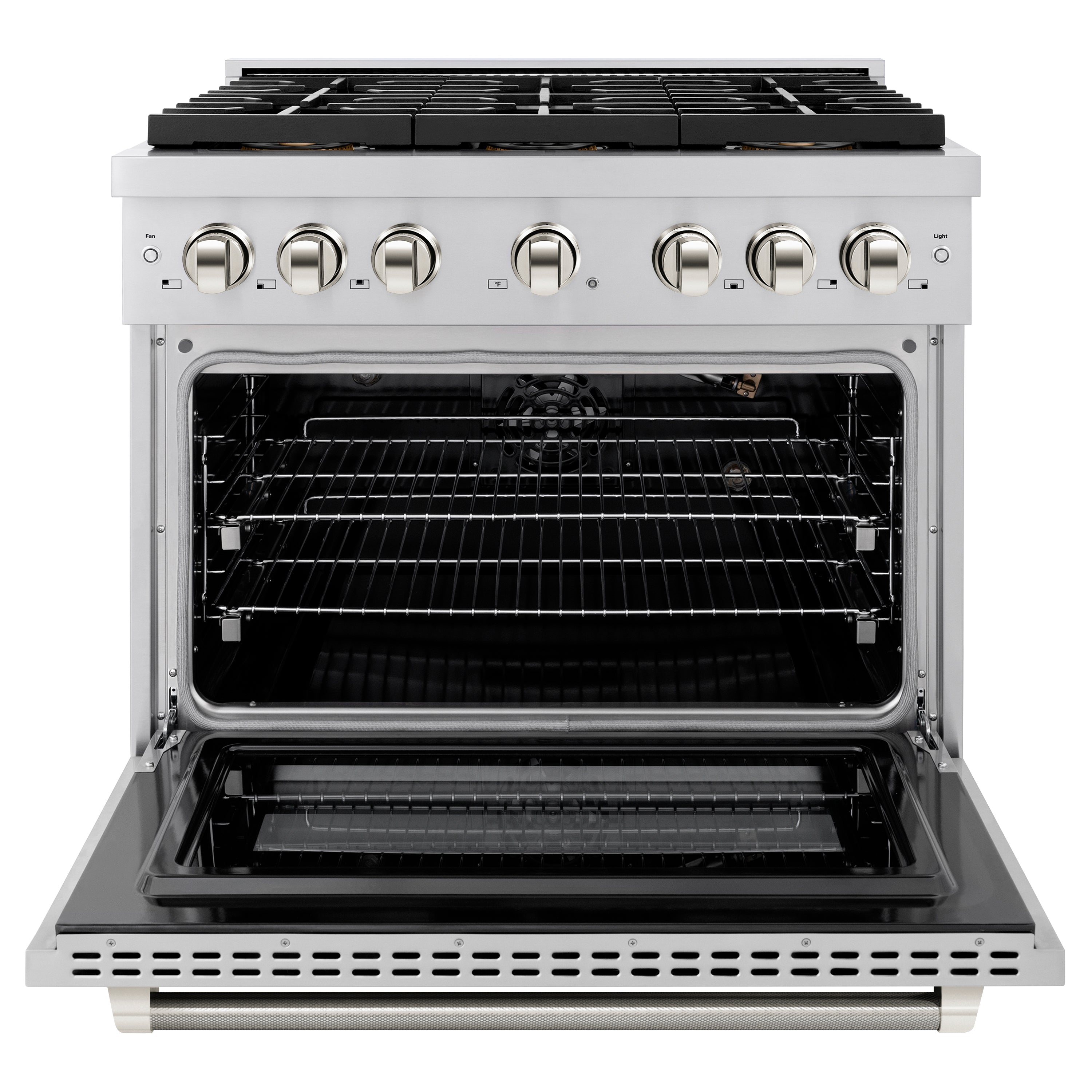 ZLINE Autograph Edition 36 in. 5.2 cu. ft. Paramount Gas Range with 6 Burner DuoPro™ Cooktop and Convection Gas Oven in Stainless Steel with Polished Nickel Helix Handle and Accents (PSGRZ-36-KPN)