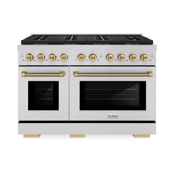 ZLINE Autograph Edition 48 in. 6.7 cu. ft. Paramount Gas Range with 8 Burner DuoPro™ Cooktop and Dual Ovens in Stainless Steel with Champagne Bronze Helix Handles and Accents (PSGRZ-48-KCB)