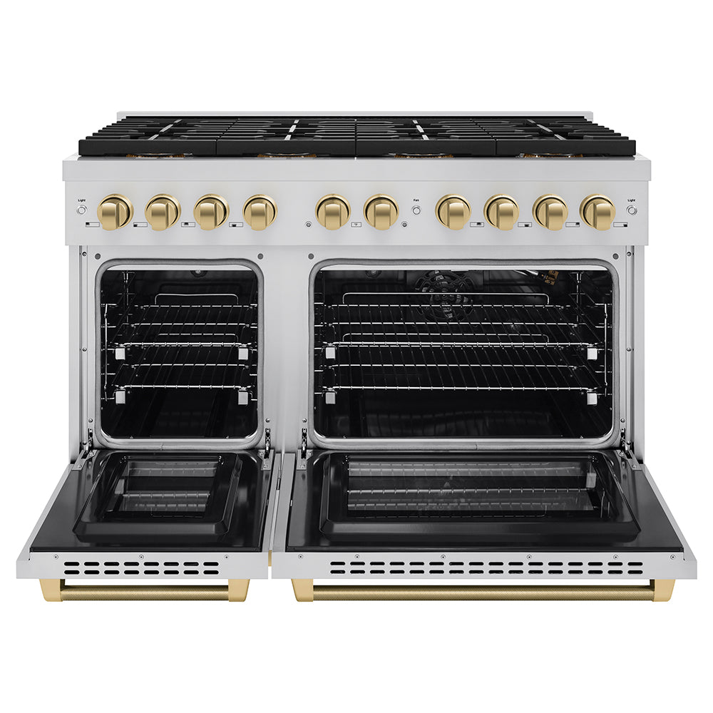 ZLINE Autograph Edition 48 in. 6.7 cu. ft. Paramount Gas Range with 8 Burner DuoPro™ Cooktop and Dual Ovens in Stainless Steel with Champagne Bronze Helix Handles and Accents (PSGRZ-48-KCB)