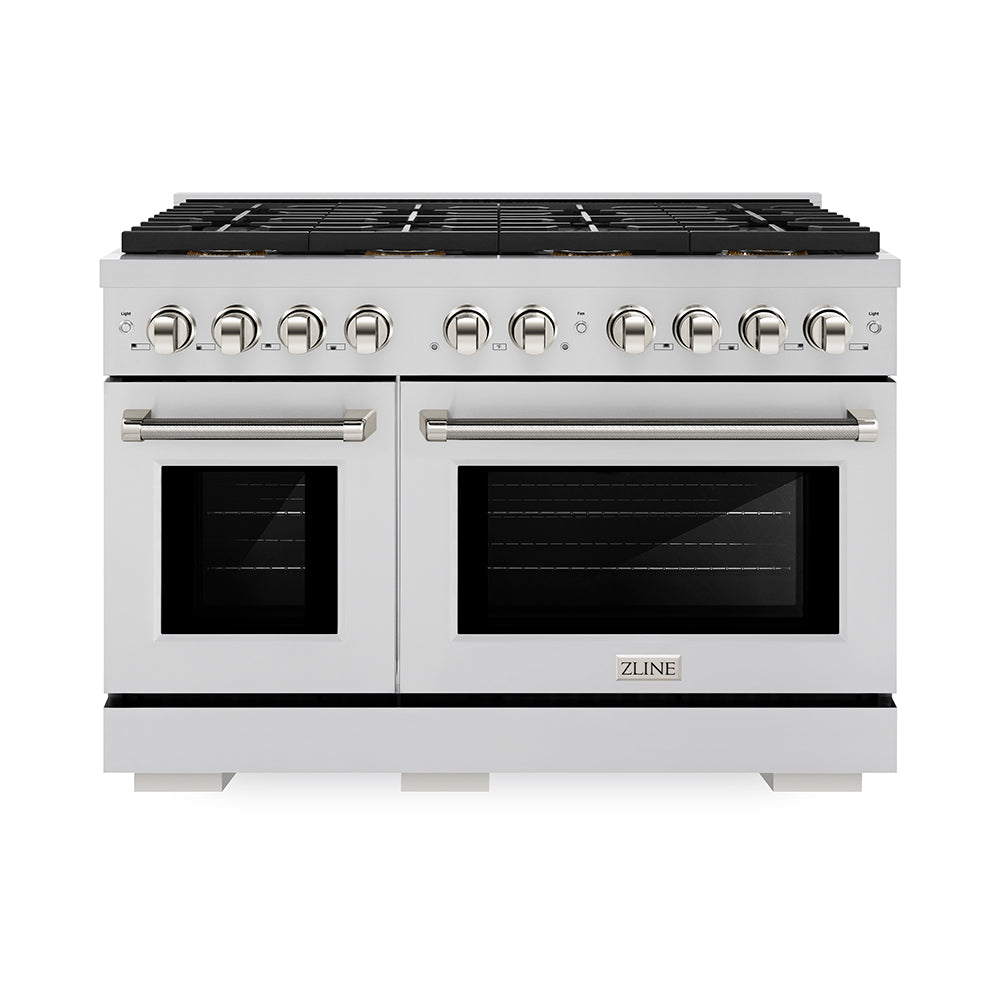 ZLINE Autograph Edition 48 in. 6.7 cu. ft. Paramount Gas Range with 8 Burner DuoPro™ Cooktop and Dual Ovens in Stainless Steel with Polished Nickel Helix Handles and Accents (PSGRZ-48-KPN)