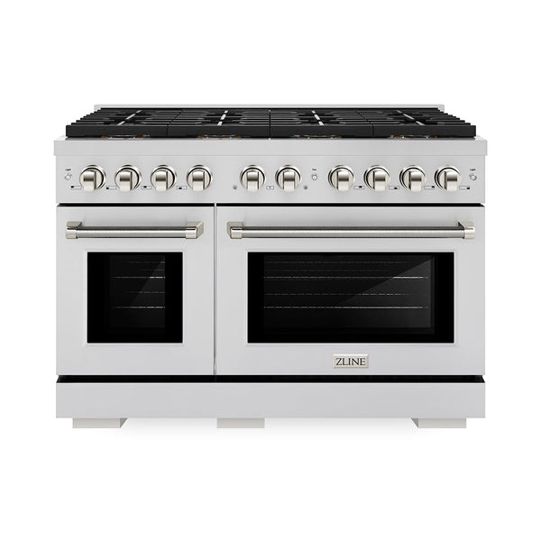 ZLINE Autograph Edition 48 in. 6.7 cu. ft. Paramount Gas Range with 8 Burner DuoPro™ Cooktop and Dual Ovens in Stainless Steel with Polished Nickel Helix Handles and Accents (PSGRZ-48-KPN)