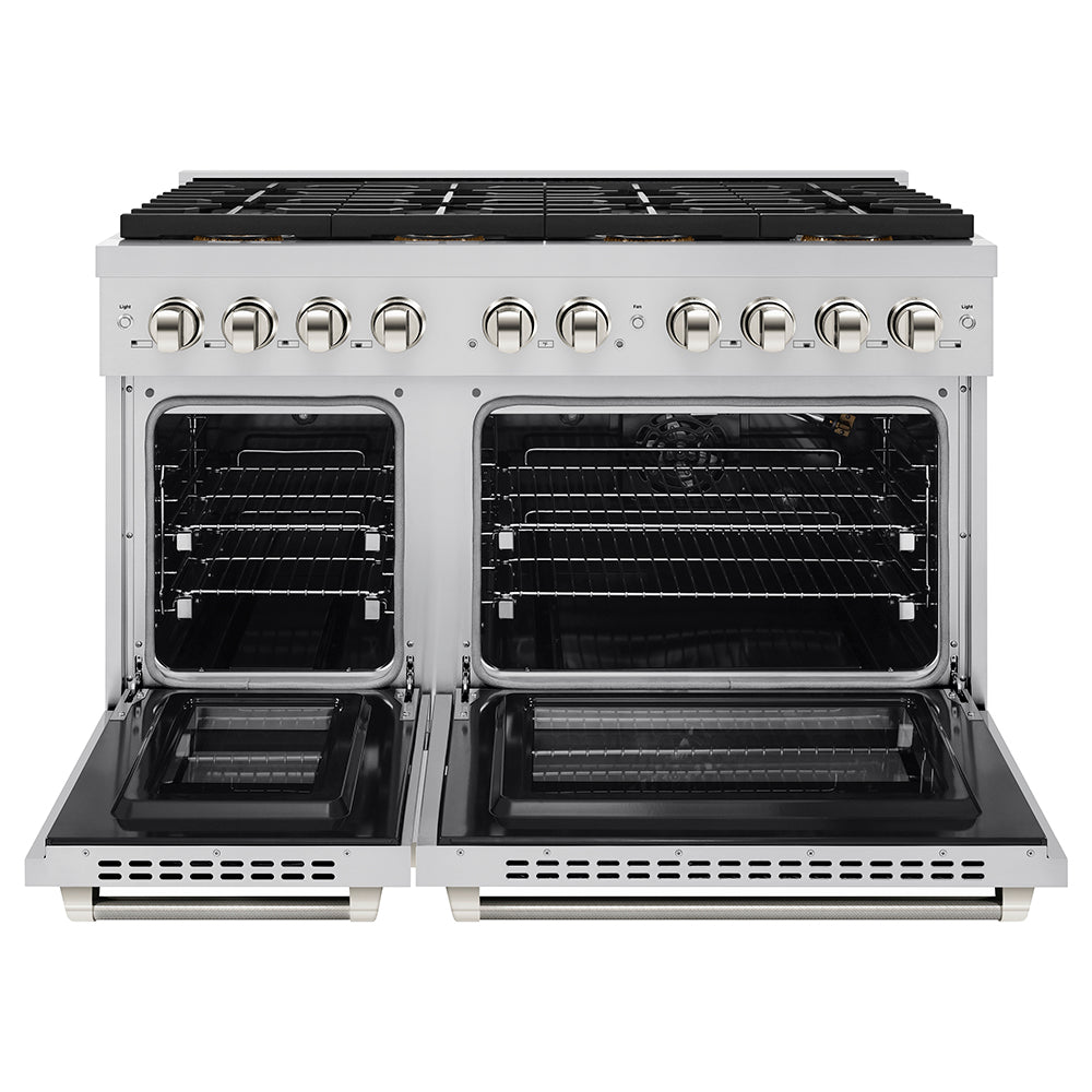 ZLINE Autograph Edition 48 in. 6.7 cu. ft. Paramount Gas Range with 8 Burner DuoPro™ Cooktop and Dual Ovens in Stainless Steel with Polished Nickel Helix Handles and Accents (PSGRZ-48-KPN)