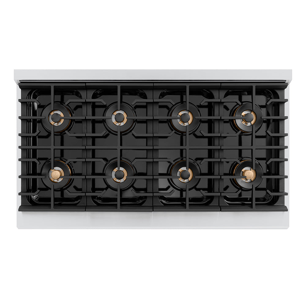 ZLINE Autograph Edition 48 in. 6.7 cu. ft. Paramount Gas Range with 8 Burner DuoPro™ Cooktop and Dual Ovens in Stainless Steel with Polished Gold Helix Handles and Accents (PSGRZ-48-KG)