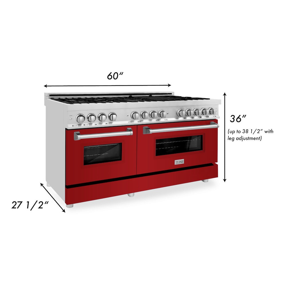 ZLINE 60 in. 7.4 cu. ft. Legacy Dual Fuel Range with 9 Burner Gas Cooktop and 2 Electric Convection Ovens in Stainless Steel and Red Gloss Doors (RA-RG-60)