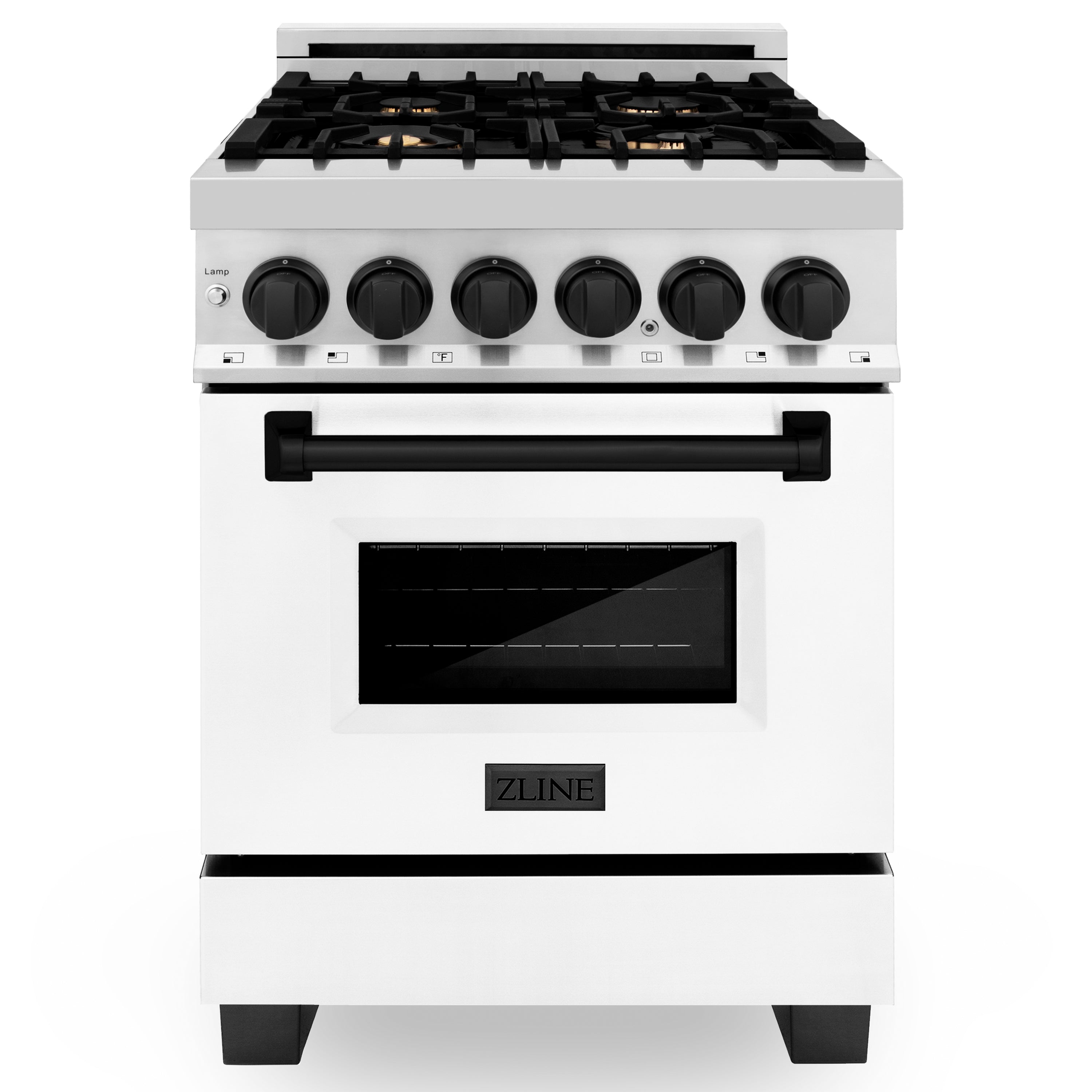 ZLINE Autograph Edition 24 in. 2.8 cu. ft. Legacy Dual Fuel Range with 4 Burner Gas Cooktop and Electric Convection Oven in Stainless Steel with White Matte Door and Matte Black Accents (RAZ-WM-24-MB)