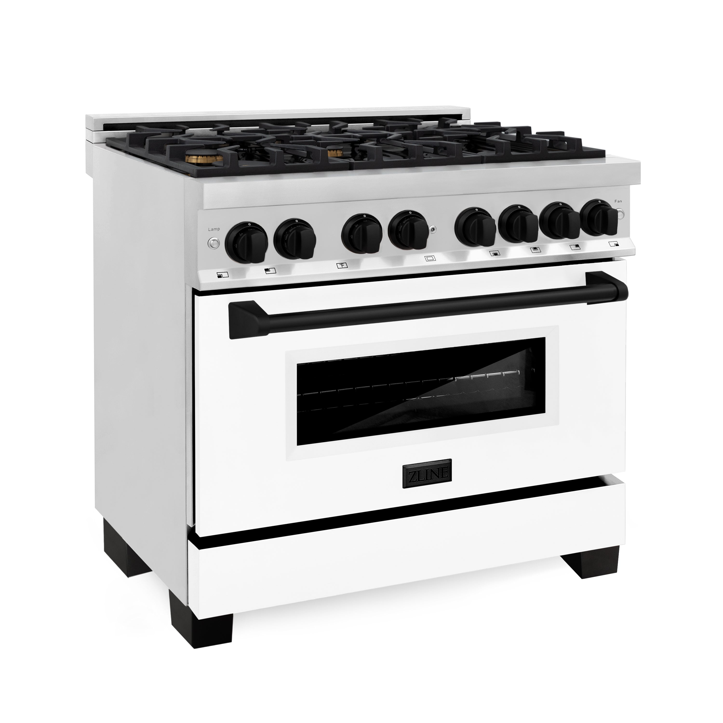 ZLINE Autograph Edition 36 in. Kitchen Package with Stainless Steel Dual Fuel Range with White Matte Door and Range Hood with Matte Black Accents (2AKP-RAWMRH36-MB)