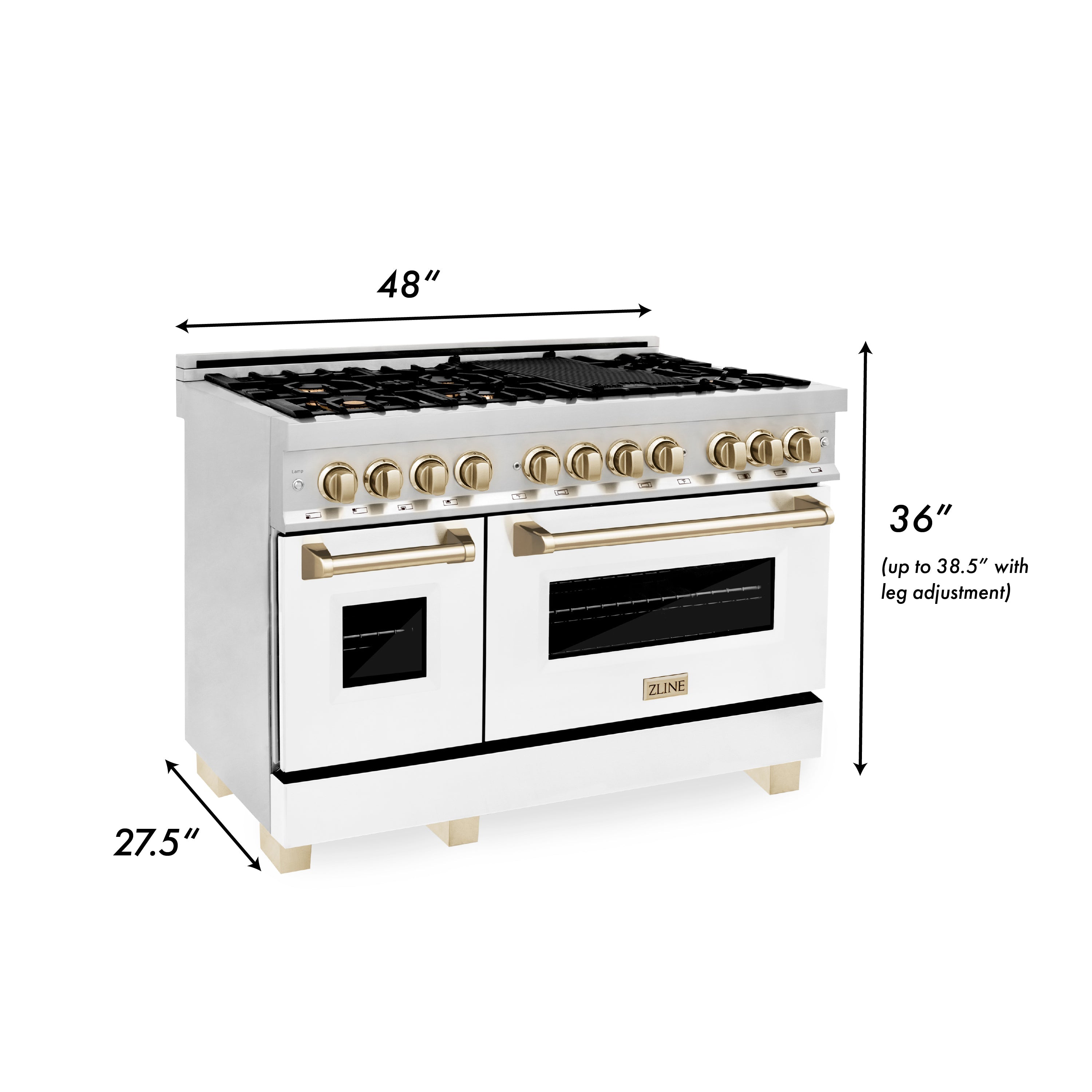 ZLINE 48 in. Autograph Edition Kitchen Package with Stainless Steel Dual Fuel Range with White Matte Door, Range Hood and Dishwasher with Polished Gold  Accents (3AKP-RAWMRHDWM48-G)