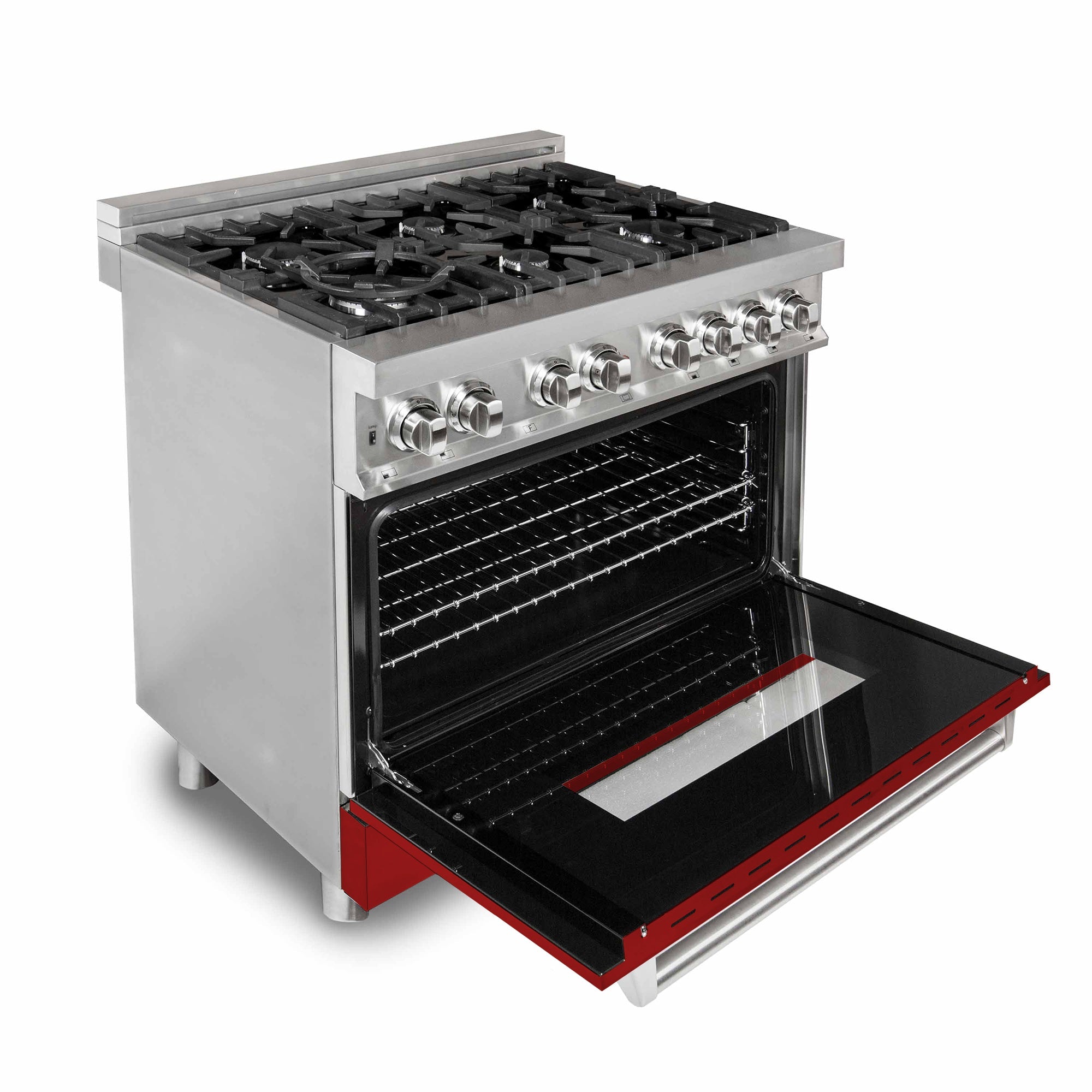 ZLINE 36 in. 4.6 cu. ft. Legacy Dual Fuel Range with 6 Burner Gas Cooktop and Electric Convection Oven in Stainless Steel and Red Gloss Door (RA-RG-36)