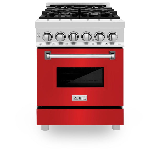 ZLINE 24 in. 2.8 cu. ft. Legacy Dual Fuel Range with 4 Burner Gas Cooktop and Electric Convection Oven in Stainless Steel and Red Matte Door (RA-RM-24)