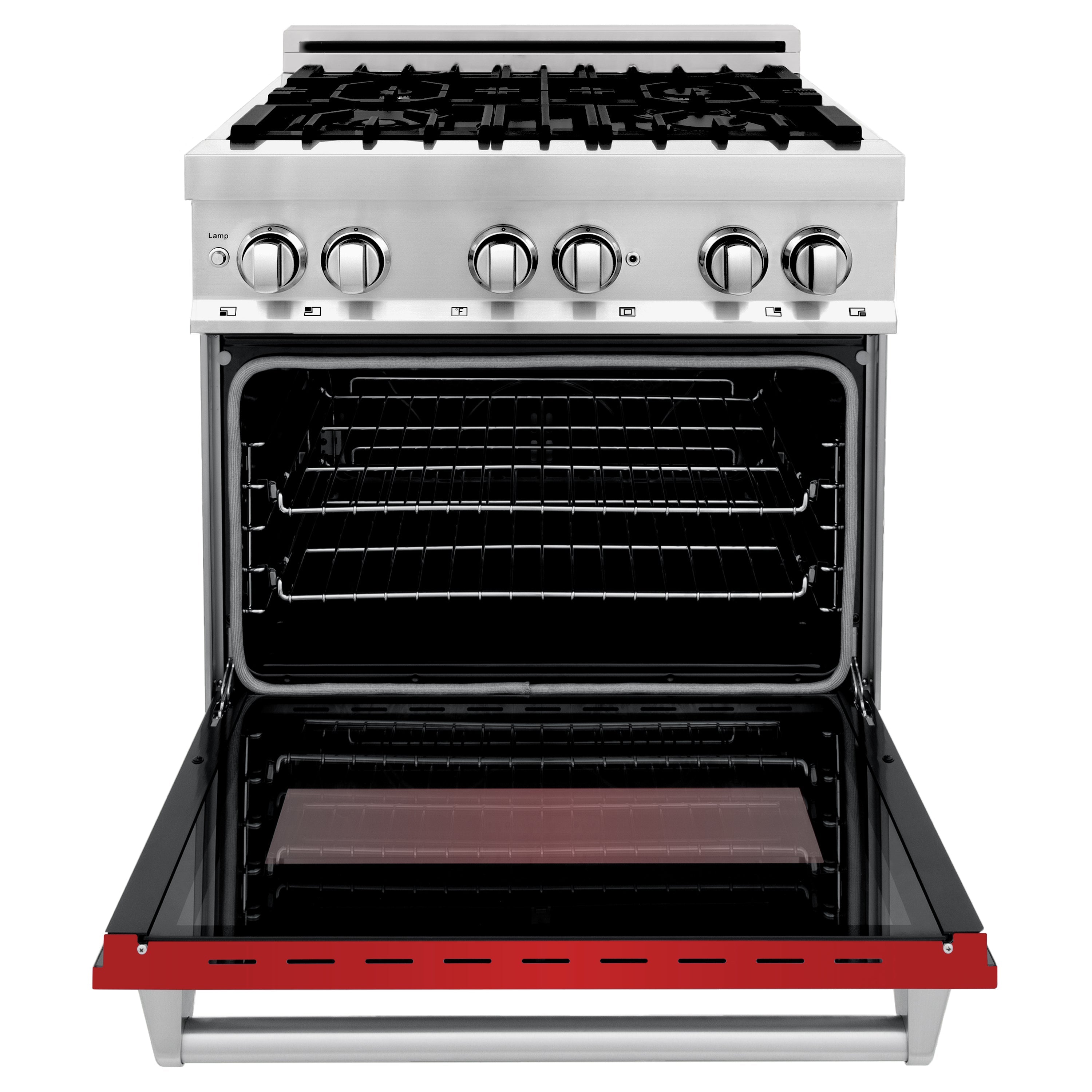 ZLINE 30 in. 4.0 cu. ft. Legacy Dual Fuel Range with 4 Burner Gas Cooktop and Electric Convection Oven in Stainless Steel and Red Matte Door (RA-RM-30)