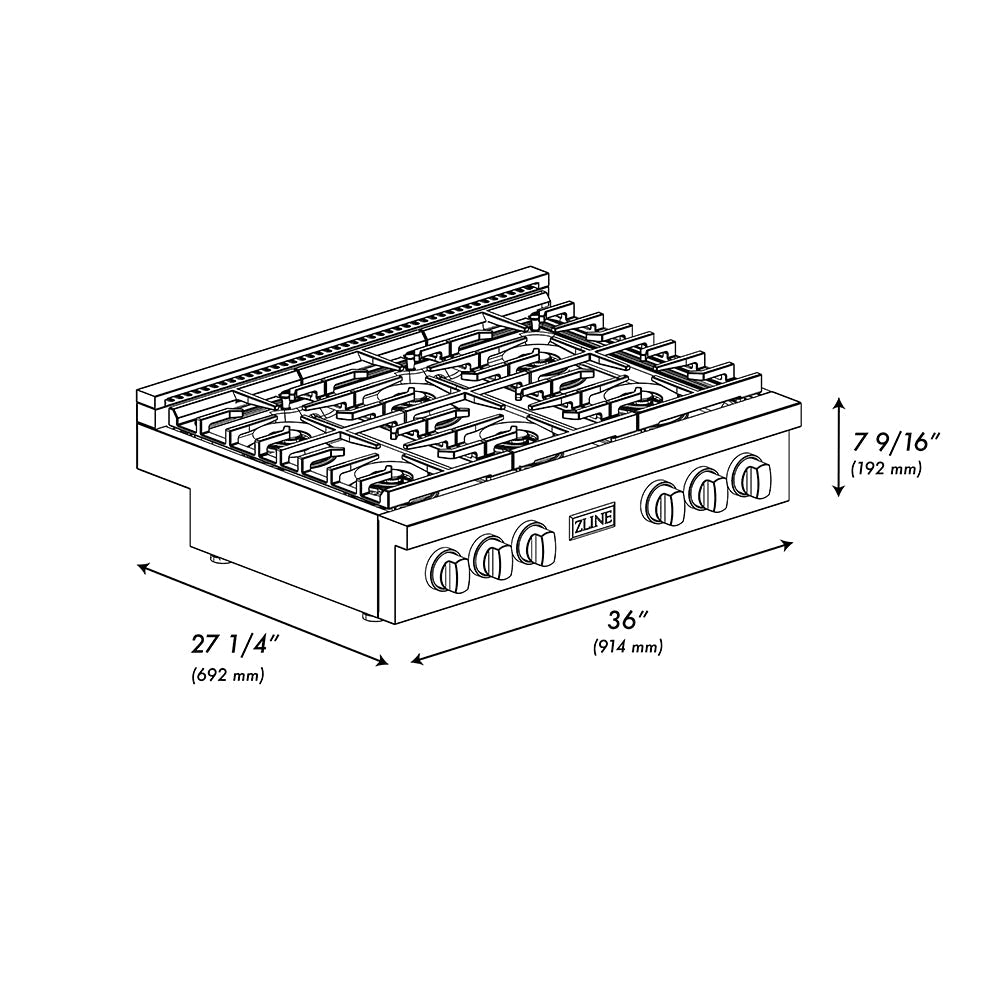 ZLINE Autograph Edition 36 in. Paramount Gas Rangetop with 6 Burner DuoPro™ Cooktop in Stainless Steel and Matte Black Accents (PSRTZ-36-MB)