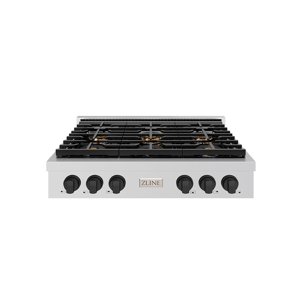 ZLINE Autograph Edition 36 in. Paramount Gas Rangetop with 6 Burner DuoPro™ Cooktop in Stainless Steel and Matte Black Accents (PSRTZ-36-MB)