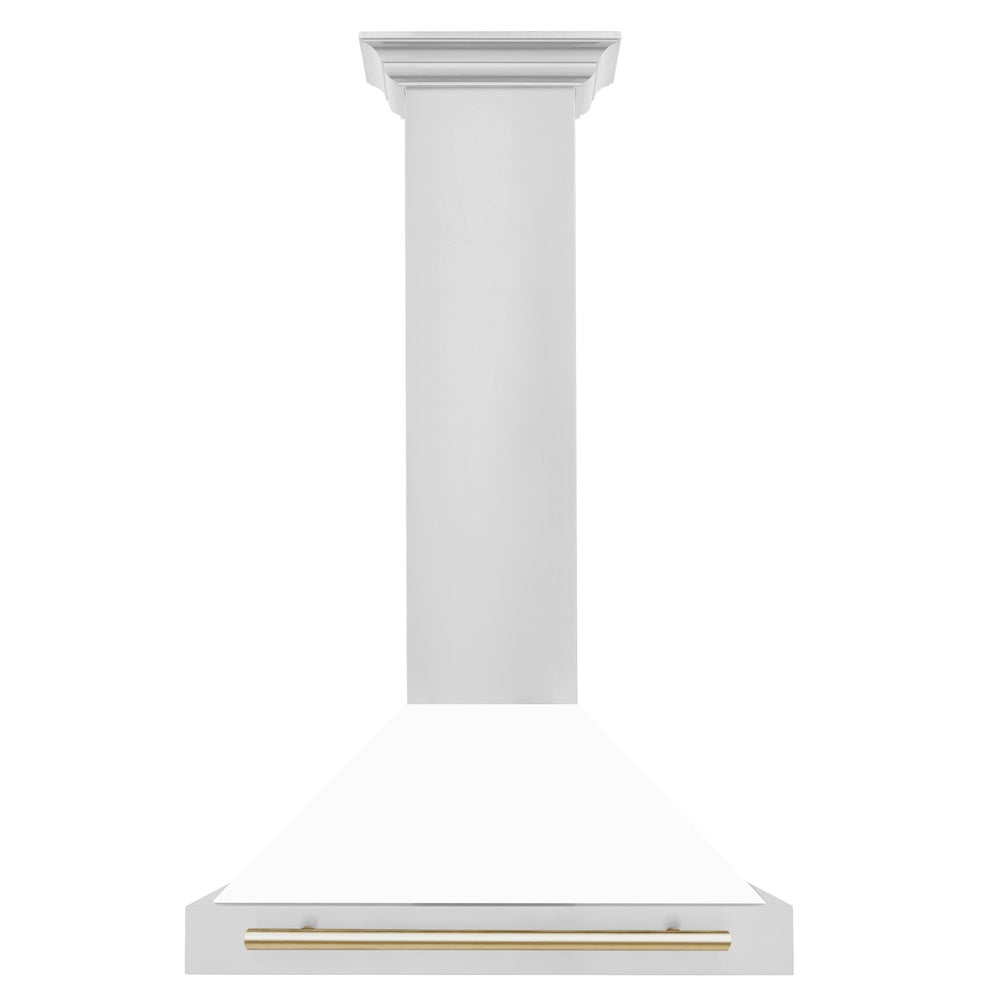 ZLINE 30 in. Autograph Edition Convertible Stainless Steel Range Hood with White Matte Shell and Polished Gold Accents (KB4STZ-WM30-G)
