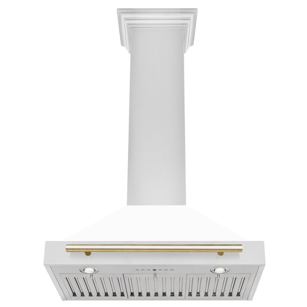 ZLINE 30 in. Autograph Edition Convertible Stainless Steel Range Hood with White Matte Shell and Polished Gold Accents (KB4STZ-WM30-G)