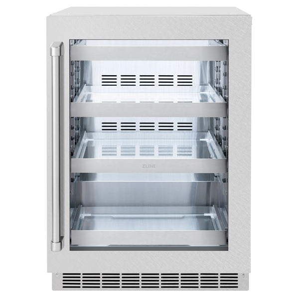 ZLINE 24-inch Touchstone beverage fridge with DuraSnow® stainless steel glass door, displaying 151 cans capacity.